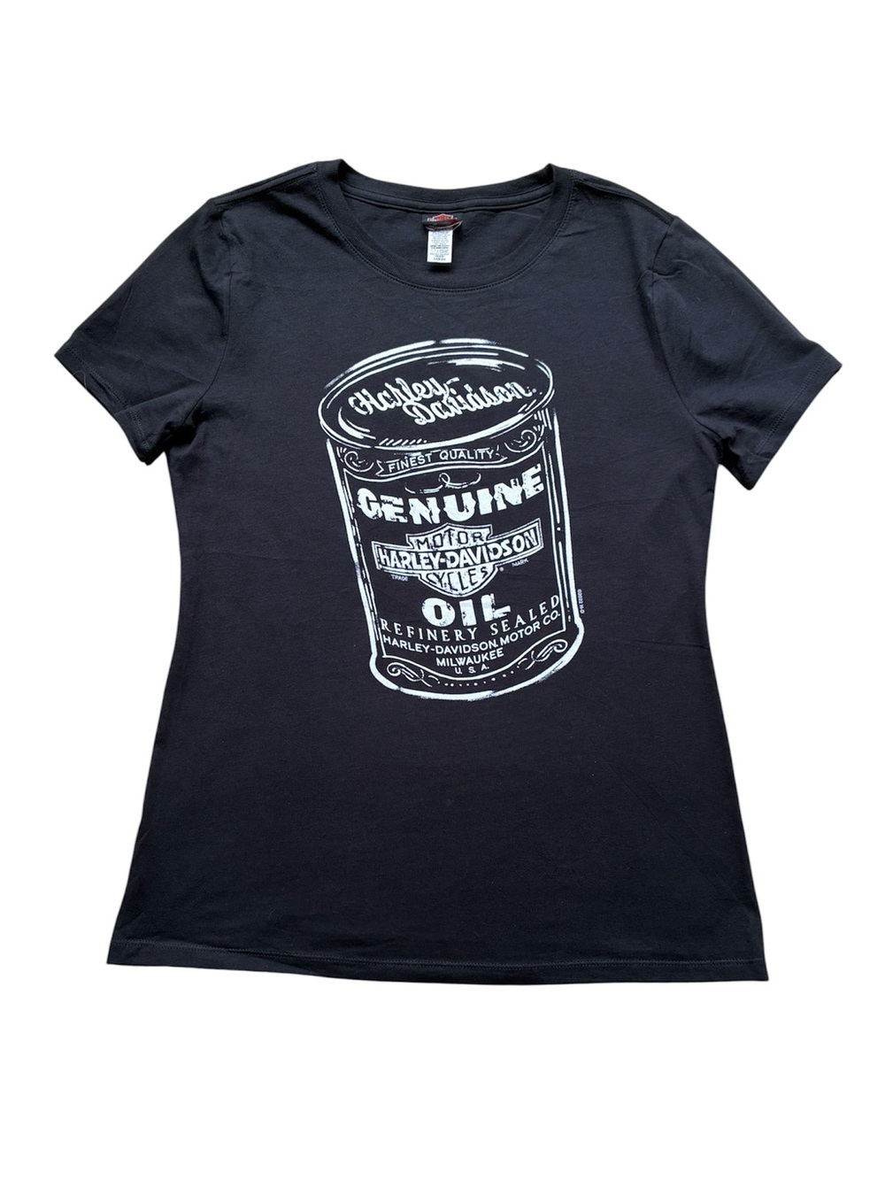 Harley-Davidson NWOT Women's Black Graphic Tee Oil Can Print Size Medium NEW